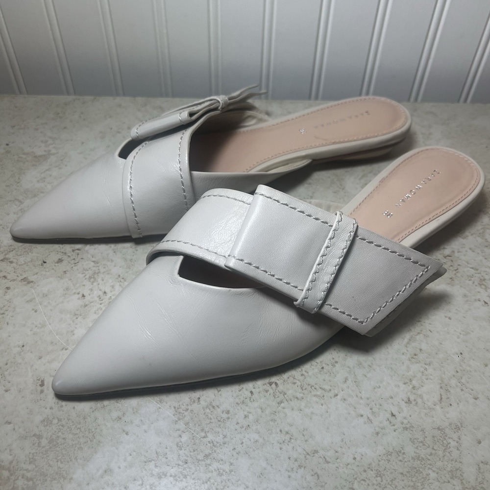 Zara Woman Leather Pointed Bow Mules Cream Ivory White Flat Slides Shoes Size 38